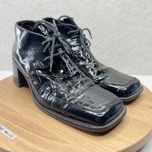 HOTIC Black Croc Embossed Square Toe Lace Up Block Heel Sz 37 6.5 Y2K Chunky VTG